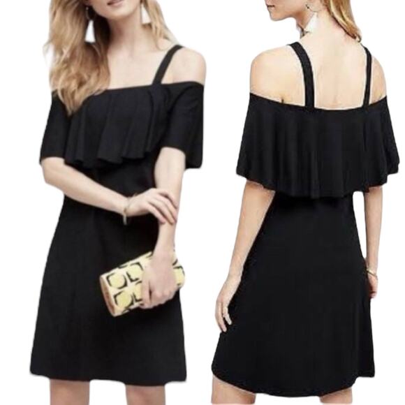 Anthro Maeve Cold Shoulder Flounce Mini Dress Black Size XS - Picture 1 of 8